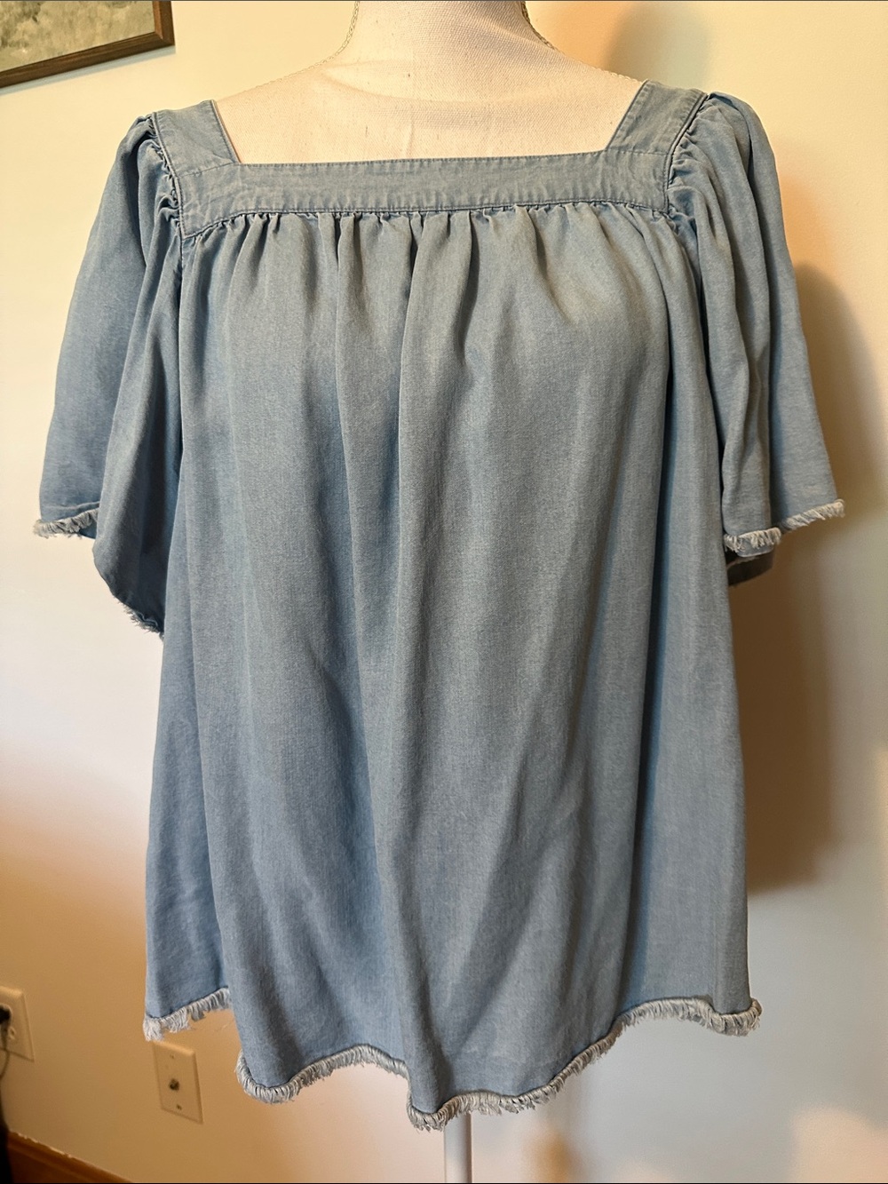 Light Blue Square Neck Short Sleeve Women’s Top OX size very soft denim like